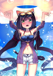Rule 34 | 1girl, absurdres, animal ear fluff, animal ears, arms up, bikini, bikini under clothes, black hair, blue bikini, blue sky, blush, bow, breasts, cat ears, cat girl, cat tail, cloud, collarbone, commentary request, dated, day, drawstring, eyewear on head, grey-framed eyewear, grey hair, hair between eyes, hair bow, highres, innertube, jacket, karyl (princess connect!), karyl (summer) (princess connect!), korean commentary, leonat, long hair, looking at viewer, low twintails, medium breasts, multicolored hair, navel, open clothes, open jacket, open mouth, outdoors, princess connect!, purple bow, purple jacket, short shorts, shorts, signature, sky, solo, standing, streaked hair, summer, sunglasses, swim ring, swimsuit, tail, teeth, twintails, upper teeth only, very long hair, water, wet, white shorts