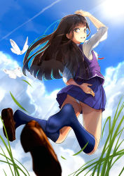 Rule 34 | 1girl, :d, arm behind head, ass, back, black socks, blue sky, blush, breasts, brown eyes, brown hair, bug, butterfly, cloud, day, feet, grass, insect, jumping, kneehighs, loafers, long hair, natsui tuna, open mouth, original, outdoors, panties, pleated skirt, shoe loss, shoes, unworn shoes, skirt, sky, smile, socks, soles, solo, sun, teeth, thighs, underwear, upskirt, white panties