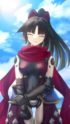 Rule 34 | 1girl, black hair, breasts, closed eyes, fate/grand order, fate (series), highres, holding own arm, joints, katou danzou (fate), long hair, medium breasts, ponytail, red scarf, robot joints, scarf, shoori (migiha), smile