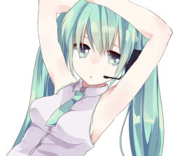 Rule 34 | 1girl, aqua eyes, aqua hair, armpits, arms up, bad id, bad pixiv id, breasts, female focus, gachimuchipurin, hatsune miku, headphones, headset, long hair, necktie, simple background, solo, twintails, vocaloid, white background