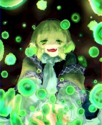 Rule 34 | 1girl, artist name, black background, blonde hair, dark, green eyes, highres, looking at viewer, medium hair, mizuhashi parsee, open mouth, parsee day, pointy ears, shee take, signature, smile, solo, touhou