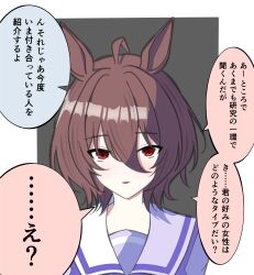 Rule 34 | 1girl, absurdres, agnes tachyon (umamusume), animal ears, brown hair, check commentary, commentary request, eyebrows hidden by hair, grey background, hair between eyes, highres, horse ears, horse girl, kaname aizuki, looking at viewer, purple shirt, red eyes, sailor collar, sailor shirt, school uniform, shirt, short hair, solo, translation request, two-tone background, umamusume, white background