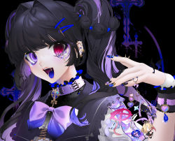 Rule 34 | 1girl, anarchy symbol, animalization, bandaged arm, bandages, bat wings, black background, black bow, black dress, black nails, black shirt, blue gemstone, blue nails, blue tongue, blunt bangs, bow, charm (object), collar, colored tongue, cross, cross patty, dress, ear piercing, fang, finger piercing, fingernails, frilled cuffs, frilled shirt collar, frills, gem, gold, gold nails, goth fashion, grey bow, hair bobbles, hair intakes, hair ornament, hairclip, hand up, harajuku fashion, heterochromia, highres, intestines, iridescent, jewelry, lace, lilith (unxi), lipstick, long hair, makeup, multicolored hair, nail art, nail polish, open mouth, original, pearl (gemstone), pendant, pentagram, piercing, portrait, puffy sleeves, purple bow, purple collar, purple eyes, purple hair, purple nails, purple neckwear, purple theme, razor blade, red eyes, shirt, signature, simple background, slit pupils, spikes, streaked hair, symbol-shaped pupils, tears, tongue piercing, twintails, undershirt, unxi, wings, wrist cuffs, yami kawaii