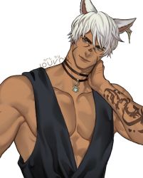 Rule 34 | 1boy, animal ears, arm tattoo, artist name, black choker, cat ears, cat tail, character request, choker, collarbone, commentary, commission, dark skin, earrings, english commentary, facial mark, final fantasy, final fantasy xiv, fingernails, hair between eyes, jewelry, jouvru, looking at viewer, male focus, mole, mole under eye, muscular, necklace, pectorals, sharp fingernails, short hair, simple background, single earring, sleeveless, smile, solo, symbol-only commentary, tail, tattoo, upper body, warrior of light (ff14), watermark, white background, white hair