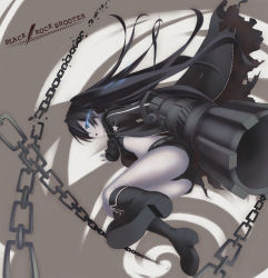 Rule 34 | 10s, 1girl, arm cannon, bad id, bad pixiv id, black hair, black rock shooter, black rock shooter (character), blue eyes, chain, foreshortening, glowing, glowing eyes, ryo (botugo), short shorts, shorts, solo, vocaloid, weapon