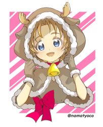Rule 34 | 1girl, animal costume, animal hood, bell, blue eyes, bow, braid, brown capelet, brown gloves, brown shirt, capelet, christmas, clenched hands, collar, commentary, cropped torso, diagonal stripes, fur-trimmed capelet, fur trim, girls und panzer, gloves, highres, hood, hood up, hooded capelet, looking at viewer, namatyoco, neck bell, open mouth, orange hair, orange pekoe (girls und panzer), parted bangs, pink background, red bow, red collar, reindeer costume, reindeer hood, shirt, short hair, smile, solo, striped, striped background, twintails, upper body