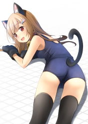Rule 34 | 1girl, :d, animal ear fluff, animal ears, animal hands, ass, bare shoulders, bell, black gloves, black thighhighs, blue one-piece swimsuit, breasts, brown hair, cat ears, cat girl, cat tail, collar, commentary request, gloves, hair ornament, hairclip, highres, jingle bell, long hair, lying, neck bell, on stomach, one-piece swimsuit, open mouth, original, paw gloves, paw hair ornament, red collar, red eyes, school swimsuit, shibacha, small breasts, smile, solo, swimsuit, tail, thighhighs, white background
