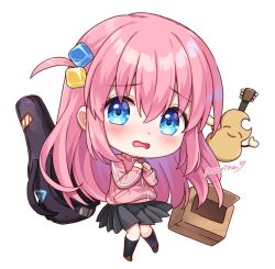 Rule 34 | 1girl, artist name, black socks, blue eyes, blush, bocchi the rock!, chibi, clenched hands, cube hair ornament, full body, gotoh hitori, guitar, guitar case, hair ornament, instrument, instrument case, jacket, kneehighs, long hair, long sleeves, looking at viewer, moorina, open mouth, own hands together, pink hair, pleated skirt, simple background, skirt, socks, track jacket