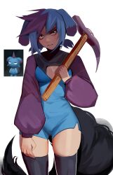 Rule 34 | 1girl, absurdres, black tail, black thighhighs, blue bodysuit, blue hair, bodysuit, breasts, cleavage cutout, clothing cutout, creature and personification, depresso, floppy ears, game screenshot inset, grey eyes, highres, looking at viewer, maewix (artist), medium breasts, multicolored hair, pal (creature), palworld, personification, pickaxe, purple hair, purple sleeves, reference inset, simple background, solo, tail, thighhighs, two-tone hair, unamused, white background