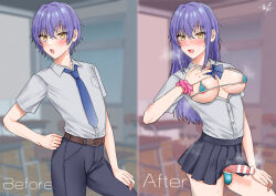 Rule 34 | 1boy, aina123, before and after, classroom, penis, purple hair, school uniform, trap