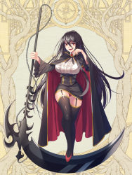 Rule 34 | 1girl, black cape, black hair, black skirt, black thighhighs, breasts, brooch, brown eyes, cape, dairoku ryouhei, frills, full body, garter straps, hair between eyes, hand up, holding, holding weapon, jewelry, large breasts, long hair, red cape, red footwear, scythe, skirt, smile, solo, thighhighs, very long hair, weapon
