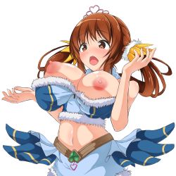Rule 34 | 10s, 1girl, :o, bad id, bad pixiv id, bare shoulders, blue skirt, blush, breasts, breasts out, brown eyes, brown hair, cowboy shot, crop top, granblue fantasy, hair ornament, idolmaster, idolmaster cinderella girls, kuro75268, large breasts, long hair, midriff, navel, nipples, open mouth, puffy nipples, shiny skin, skirt, solo, surprised, totoki airi, transparent background, twintails, upper body, wardrobe malfunction, white background
