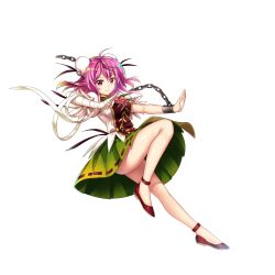 Rule 34 | 1girl, ahoge, bandaged arm, bandages, bun cover, cardigan, chain, closed mouth, cuffs, double bun, full body, game cg, green skirt, hair bun, highres, ibaraki kasen, legs, looking at viewer, pink cardigan, pink eyes, pink hair, red footwear, ribbon-trimmed skirt, ribbon trim, rotte (1109), shackles, shirt, simple background, skirt, smile, solo, tabard, third-party source, touhou, touhou lostword, white background, white shirt