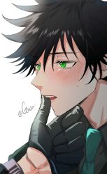 Rule 34 | 2boys, black gloves, black hair, black jacket, blue necktie, blush, collared shirt, formal, fushiguro megumi, gloves, gojou satoru, green eyes, guuchun, hair between eyes, half gloves, hand on another&#039;s chin, highres, jacket, jujutsu kaisen, long sleeves, looking at another, male focus, multiple boys, necktie, open mouth, shirt, short hair, spiked hair, suit, sweatdrop, teeth, thumb to mouth, tongue, white background, yaoi