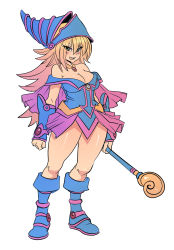 Rule 34 | 1girl, bare shoulders, blonde hair, blue footwear, blush stickers, boots, breasts, choker, cleavage, curvy, dark magician girl, detached sleeves, duel monster, gem, green eyes, hat, highres, large breasts, long hair, maniacpaint, o-ring, o-ring top, open mouth, pentacle, smile, solo, staff, thick thighs, thighs, wizard hat, yu-gi-oh!, yuu-gi-ou, yu-gi-oh! duel monsters
