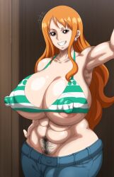 1girl armpit_hair armpits bikini bikini_top_only breasts brown_eyes cleavage covered_erect_nipples denim highres huge_breasts jeans large_breasts long_hair nami_(one_piece) one_piece orange_hair pants sinkoart smile solo swimsuit tatoo tattoo