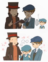Rule 34 | ..., 3boys, puff of air, black eyes, blue headwear, blue jacket, blue necktie, blue sweater, blush, book, brown hair, brown headwear, brown jacket, cabbie hat, closed eyes, collared shirt, commentary request, cropped torso, flower, future luke, hands up, hat, hershel layton, high collar, highres, holding, holding book, jacket, jealous, kiwami (kiwamimuneko), locked arms, long sleeves, looking at another, luke triton, male focus, multiple boys, multiple views, necktie, open book, open clothes, open jacket, open mouth, orange sweater, pink flower, professor layton, professor layton and the unwound future, shirt, short hair, smile, spoken ellipsis, sweater, top hat, white shirt