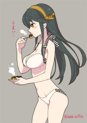 Rule 34 | 1girl, alternate costume, bikini, black hair, blush, breasts, cleavage, cowboy shot, dazzle paint, eating, food, from side, grey background, hair ornament, hairclip, haruna (kancolle), headgear, holding, holding food, kantai collection, kome (vm500), large breasts, long hair, midriff, navel, one-hour drawing challenge, simple background, solo, swimsuit, takoyaki, twitter username, white bikini