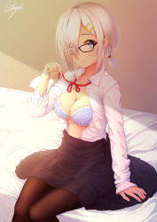 Rule 34 | absurdres, alternate costume, alternate hairstyle, artist name, bespectacled, black dress, blue bra, blue eyes, bra, breasts, cleavage, collarbone, dress, glasses, hair ornament, hair over one eye, hairclip, hamakaze (kancolle), highres, kantai collection, long sleeves, looking at viewer, medium breasts, meme attire, ochiai miyabi, on bed, pantyhose, shirt, short hair, short ponytail, silver hair, sitting, solo, underwear, virgin killer outfit, white shirt