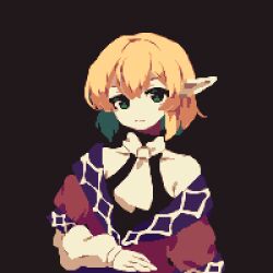 Rule 34 | 1girl, 4qw5, arm warmers, blonde hair, brown dress, closed mouth, dark background, dress, expressionless, eyebrows hidden by hair, green eyes, grey background, hair between eyes, looking at viewer, mizuhashi parsee, pixel art, pointy ears, short hair, simple background, solo, straight-on, touhou, upper body