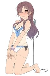 Rule 34 | 1girl, android, android girl (itou), barefoot, bikini, blush, brown hair, cable, cleavage, flat color, full body, hair over one eye, itou (onsoku tassha), kneeling, long hair, looking at viewer, nose blush, orange eyes, original, scrunchie, side-tie bikini bottom, sketch, solo, swimsuit, tan, tanline, v arms, wavy mouth, white background, wrist scrunchie