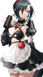 Rule 34 | 1girl, absurdres, apron, azur lane, bikini, black bra, black hair, black skirt, bra, breasts, can, cleavage, closed mouth, commentary request, cowboy shot, detached sleeves, drinking straw, eyes visible through hair, frilled apron, frills, hair between eyes, highres, holding, holding can, horns, looking at viewer, maid, maid bikini, mechanical horns, medium breasts, nail polish, o-ring, o-ring top, official alternate costume, puffy short sleeves, puffy sleeves, red horns, red nails, seele0907, short hair, short sleeves, simple background, skirt, solo, standing, swimsuit, ulrich von hutten (azur lane), ulrich von hutten (mayhem maid) (azur lane), unconventional maid, underwear, waist apron, white apron, white background, white hair