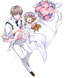 Rule 34 | 1boy, 1girl, :d, absurdres, alternate hair color, barefoot, blonde hair, blue eyes, bouquet, bride, brown footwear, brown hair, carrying, ciel (elsword), closed mouth, couple, crop top, elsword, feet, flower, formal, full body, hair flower, hair ornament, hetero, highres, holding, holding bouquet, hwansang, leg ribbon, long hair, looking at viewer, luciela r. sourcream, official art, open mouth, pants, pointy ears, princess carry, ribbon, shirt, shoes, skirt, smile, suit, suspenders, toes, transparent background, white pants, white ribbon, white shirt, white skirt, white suit