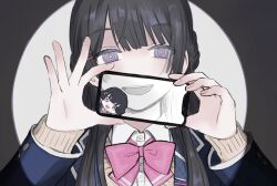 Rule 34 | 1girl, black background, black hair, blazer, bow, bowtie, brown sweater, cellphone photo, chibi, collared shirt, commentary request, dual persona, hair over shoulder, half-closed eyes, half updo, hands up, head tilt, highres, hito mania (utau), holding, holding phone, jacket, long hair, long sleeves, looking at viewer, nijisanji, open mouth, partially colored, phone, pink bow, pink bowtie, purple eyes, ringed eyes, school uniform, shirt, smile, solo, spotlight, sweater, thick eyelashes, tsukino mito, tsukino mito (1st costume), two-tone background, upper body, virtual youtuber, white background, white shirt, yuge (am00iyw)