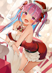 Rule 34 | 1girl, alternate costume, apron, belt, black belt, blush, box, breasts, christmas, cleavage, cleavage cutout, clothing cutout, colored inner hair, commentary, fake antlers, gaou (umaiyo puyoman), gift, gift box, hat, high heels, hololive, kneeling, large breasts, leaning forward, looking at viewer, minato aqua, multicolored hair, no legwear, on bed, open mouth, purple eyes, purple hair, santa costume, santa hat, smile, solo, streaked hair, twintails, virtual youtuber, waist apron