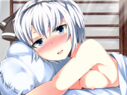 Rule 34 | 1girl, :d, afterglow, bed, blanket, blue eyes, blush, breasts, fuji norihiro, hair ribbon, hairband, highres, indoors, konpaku youmu, light rays, looking at viewer, lying, morning, nipples, nose blush, on bed, on stomach, open mouth, pillow, ribbon, silver hair, smile, solo, sunlight, touhou, upper body