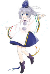 Rule 34 | 1girl, arm up, black footwear, blue eyes, blue hat, blue ribbon, blue skirt, blush, boots, bow, detached sleeves, eyes visible through hair, grey hair, hair between eyes, hands up, hat, highres, japanese clothes, kariginu, long sleeves, looking at viewer, medium hair, mononobe no futo, open mouth, pom pom (clothes), ponytail, purple bow, purple neckwear, ribbon, shirt, simple background, skirt, smile, solo, touhou, umi (nana spring), white background, white shirt, white sleeves, wide sleeves, yellow ribbon