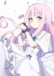 Rule 34 | 1girl, :t, blue archive, blue bow, blush, bow, breasts, capelet, closed mouth, commentary request, dress, eating, food, food on face, frilled dress, frills, gradient background, grey background, halo, highres, holding, holding food, long hair, looking at viewer, medium breasts, mika (blue archive), ohihil, pink hair, purple scrunchie, scrunchie, solo, very long hair, wavy mouth, white background, white capelet, white dress, wrist scrunchie, yellow eyes