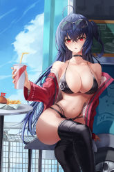 Rule 34 | 1girl, absurdres, ahoge, azur lane, bikini, black bikini, black choker, black hair, black thighhighs, blue sky, breasts, burger, choker, cleavage, cloud, collarbone, crossed bangs, crossed legs, drink, drinking straw, eyewear on head, food, french fries, hair between eyes, highres, holding, holding drink, jacket, large breasts, long hair, long sleeves, looking at viewer, multi-strapped bikini bottom, off shoulder, official alternate costume, open clothes, open jacket, parted lips, red eyes, red jacket, revision, sitting, sky, slime nyang, solo, swimsuit, table, taihou (azur lane), taihou (enraptured companion) (azur lane), thighhighs, thighs, unzipped, zipper pull tab