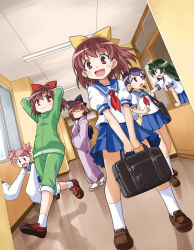 Rule 34 | 6+girls, :d, ^ ^, akou roushi, arms behind head, bag, bookbag, bow, brown eyes, brown hair, character request, closed eyes, green hair, hair bow, hair intakes, hallway, japanese clothes, jersey, kimono, loafers, long hair, multiple girls, neckerchief, open mouth, pants, pants rolled up, pink eyes, pink hair, purple eyes, purple hair, sandals, school bag, school uniform, serafuku, shoes, short hair, skirt, sleeves past wrists, smile, sneakers, socks, track suit, twintails, white legwear, window