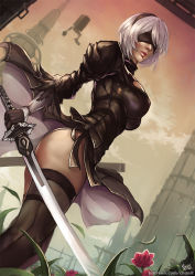 Rule 34 | 1girl, ass, black dress, black gloves, black thighhighs, blindfold, breasts, closed mouth, covered erect nipples, dated, dress, dutch angle, flower, gloves, hairband, holding, holding sword, holding weapon, juliet sleeves, kachima, katana, large breasts, long sleeves, looking at viewer, nier (series), nier:automata, pelvic curtain, pod (nier:automata), puffy sleeves, short hair, silver hair, sword, thighhighs, two-sided fabric, two-sided skirt, watermark, weapon, web address, 2b (nier:automata)