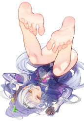 Rule 34 | 1girl, absurdres, bare legs, barefoot, black gloves, black hairband, blunt bangs, bow, bowtie, breasts, brooch, capelet, convenient leg, cropped shirt, feet, foot focus, foreshortening, gloves, grey hair, hair ornament, hairband, hand on own head, hands up, highres, hololive, jewelry, legs, legs up, long hair, looking at viewer, lying, murasaki shion, on back, open mouth, orange eyes, pero (peroneko0510), pink bow, pink bowtie, pinstripe pattern, pinstripe shirt, purple capelet, shirt, short eyebrows, sidelocks, simple background, small breasts, soles, solo, spread toes, star brooch, striped clothes, striped shirt, teeth, toes, upper teeth only, vertical-striped clothes, vertical-striped shirt, virtual youtuber, white background