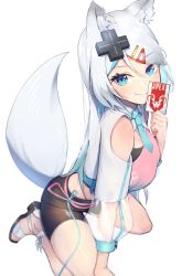 Rule 34 | 1girl, absurdres, animal ears, ankle strap, apex legends, bare legs, black shorts, blue eyes, blue necktie, breasts, card, center opening, closed mouth, clothing cutout, commentary request, copyright name, eyelashes, feet, forehead, fox ears, fox girl, fox tail, grey hair, hair ornament, hand up, highres, holding, holding card, large breasts, legs folded, long hair, long sleeves, looking at viewer, meridian project, mizuki (vtuber), necktie, oukafafafa, pants, parted bangs, puffy long sleeves, puffy sleeves, see-through, see-through sleeves, shorts, smile, solo, spread legs, squatting, tail, tail raised, tight clothes, tight pants, v-shaped eyebrows, virtual youtuber, white hair