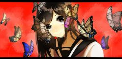 Rule 34 | 1girl, black sailor collar, brown hair, bug, butterfly, closed mouth, crying, grey eyes, bug, letterboxed, looking at viewer, original, red background, sailor collar, school uniform, serafuku, shirt, sogawa, solo, tears, upper body, white shirt