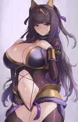 Rule 34 | 1girl, absurdres, alternate costume, black hair, breasts, cleavage, fire emblem, fire emblem awakening, grey background, highres, huge breasts, kataku musou, long hair, looking at viewer, midriff, nintendo, open mouth, purple eyes, solo, tharja (fire emblem), thick thighs, thighs, very long hair