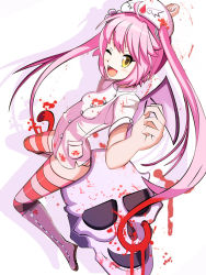 Rule 34 | 1girl, blood, boots, demon wings, ebola-chan, fang, flower, hair flower, hair ornament, hat, long hair, nurse, nurse cap, one eye closed, open mouth, original, panties, personification, pink hair, sapusakti, skull, solo, striped clothes, striped panties, striped thighhighs, thighhighs, twintails, underwear, wings, wink, yellow eyes