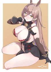 Rule 34 | 1girl, ambulocetus, animal ears, bare legs, black gloves, blush, breasts, brown gloves, brown hair, cleavage, cropped legs, elbow gloves, from side, gloves, hair between eyes, highres, horse ears, large breasts, long hair, looking at viewer, navel, nijisanji, no panties, nose blush, nui sociere, nui sociere (1st costume), open mouth, orange background, revealing clothes, sitting, smile, solo, thighs, very long hair, virtual youtuber, yellow eyes