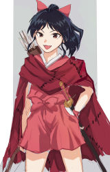 Rule 34 | 1girl, absurdres, arrow (projectile), black hair, bow, bow (weapon), brown eyes, cape, fangs, hagioshi, hair bow, han&#039;you no yashahime, hand on own hip, highres, holding, holding bow (weapon), holding weapon, moroha (inuyasha), pink bow, ponytail, quiver, red cape, sheath, sheathed, simple background, solo, sword, two-tone background, weapon