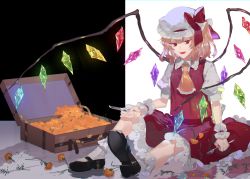 Rule 34 | 1girl, ascot, black footwear, blonde hair, bobby socks, bow, chrysanthemum, collared shirt, commentary, crystal, flandre scarlet, flower, fork, full body, glowing, hat, hat bow, highres, holding, holding fork, holding knife, knife, looking at viewer, mary janes, mob cap, on ground, open mouth, orange flower, puffy short sleeves, puffy sleeves, red bow, red eyes, red skirt, red vest, shirt, shoes, short hair, short sleeves, shuukenyuu, sitting, skirt, skirt set, socks, solo, suitcase, touhou, tsurime, vest, white hat, white shirt, white socks, wings, wrist cuffs, yellow ascot