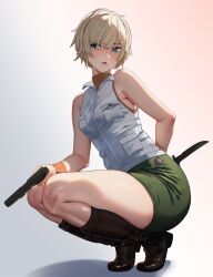 Rule 34 | 1girl, blonde hair, boots, dead by daylight, full body, gun, heather mason, highres, holding, holding gun, holding weapon, jacket, looking at viewer, miniskirt, open mouth, pencil skirt, short hair, silent hill (series), silent hill 3, simple background, skirt, sleeveless, sleeveless turtleneck, solo, suzusiron, thighs, turtleneck, vest, weapon, white background, wristband