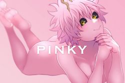 Rule 34 | 1girl, antlers, armpits, ashido mina, ass, barefoot, black sclera, boku no hero academia, breast rest, breasts, character name, collarbone, colored sclera, colored skin, commentary, completely nude, elbow rest, feet, feet up, female focus, fingernails, full body, hands together, happy, head rest, highres, horns, kobaji, legs, long image, looking away, lying, medium breasts, messy hair, nail polish, neck, nude, on stomach, pink background, pink hair, pink skin, purple nails, short hair, simple background, smile, soles, the pose, thighs, toes, yellow eyes
