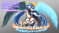 Rule 34 | angel wings, asymmetrical wings, bare shoulders, black panties, black thighhighs, blue hair, blush, breasts, choker, commission, detached sleeves, dizzy (guilty gear), english text, full body, guilty gear, guilty gear x, guilty gear xx, hair ribbon, hair rings, hand on own chest, hayato rock, looking at viewer, magic circle, medium breasts, monster girl, open mouth, panties, puffy sleeves, red eyes, ribbon, skeb commission, skindentation, tail, tail ornament, tail ribbon, thick thighs, thigh strap, thighhighs, thighs, toned, twintails, underboob, underwear, wings
