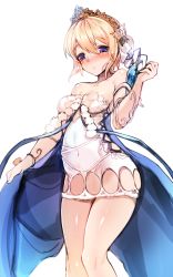 Rule 34 | 1girl, absurdres, bare shoulders, blonde hair, blush, bracelet, breasts, covered navel, crown, detached sleeves, dress, europa (granblue fantasy), granblue fantasy, harigane shinshi, highres, jewelry, looking at viewer, medium breasts, purple eyes, short hair, simple background, solo, standing, white background