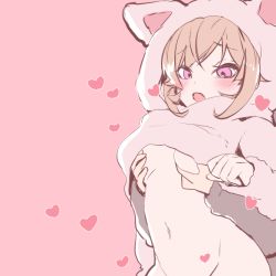 Rule 34 | 1boy, 1girl, animal hood, blush, grabbing another&#039;s breast, breasts, brother and sister, brown hair, cat hood, commentary request, doromame, grabbing, grabbing from behind, heart, hood, incest, purple eyes, long hair, long sleeves, looking down, medium breasts, nakiri asahi, nakiri erina, navel, open mouth, pink background, shokugeki no souma, siblings, simple background, solo focus, stomach