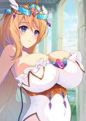 Rule 34 | 1girl, aphrodite (kamihime project), bare shoulders, blonde hair, blue eyes, blush, breasts, brooch, cleavage, closed mouth, covered navel, dot nose, eari, frills, hair between eyes, highres, huge breasts, indoors, jewelry, kamihime project, long hair, looking ahead, solo, tiara, upper body