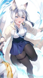 Rule 34 | 1girl, :d, animal ear fluff, animal ears, black pantyhose, blue eyes, blue protocol, blue skirt, brown jacket, character request, collared shirt, commentary request, coyucom, double bun, dress shirt, feet out of frame, grey hair, hair bun, high-waist skirt, highres, holding, jacket, long hair, long sleeves, looking at viewer, open clothes, open jacket, open mouth, pantyhose, pixiv id, shirt, sidelocks, skirt, smile, solo, standing, standing on one leg, tail, twitter username, white background, white shirt